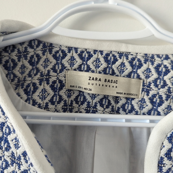 ZARA Basic Women's Size S Blue and White Patterned Coat with Fringe Detail - Picture 4 of 11